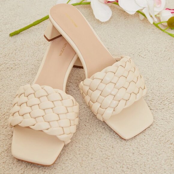 Cream Plaited Strap Low Block Flare Heel Mules - Picture 8 of 11